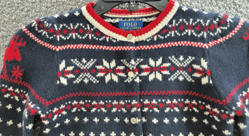 Polo Ralph Lauren Snowflake Wool Blend Cardigan Girls 6 Navy Multi Button Front - Picture 3 of 17