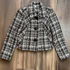 Cabi Women  s Blazer Black And Cream Tweed Faux Leather Trim Hidden Pockets Small
