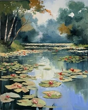 Water lilies pond. LANDSCAPE. ORIGINAL OIL PAINTING.