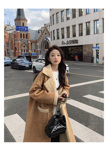 Long Knee Length Coat Women's Winter Korean Lamb Wool Jacket Lapel Suede Outwear - Bild 14 von 23