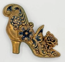 Vintage Brass Repousse Shoe Brooch Art Nouveau Floral High Heel Victorian Boot
