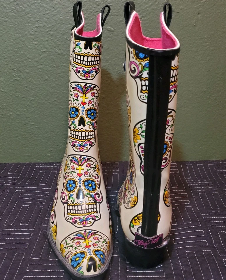 Blazin Roxx Botas de Lluvia Calavera de Azúcar Puntera Cuadrada Talla 8 Vaquero Día de Muertos Foto 3 de 4