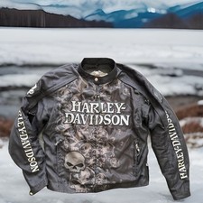 Harley Davidson Mens Black Skulls Motorcycle Jacket Padding Biker SZ MD RARE AOP