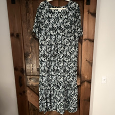 J. Jill Women's XL Black Floral V-Neck Short Sleeve Midi Dress Ruffle