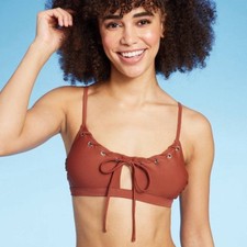 Wild Fable Brown Lace-Up Grommet Bralette Bikini Top Size Small