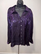Elementz Womens Size 3X Blouse Satin Like Purple Roll  Tab Long Sleeve Dressy