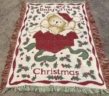 Vtg Babys First Christmas Woven Tapestry Fringed Throw Blanket Teddy Bear 42x 32