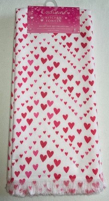 LADINNE KITCHEN TOWELS (2) WHITE PINK HEARTS 100% COTTON  20 X 30 NIP