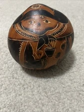 Vintage Hand Carved Gourd Person Holding Cup Drink Indigenous Folk Art Rattle