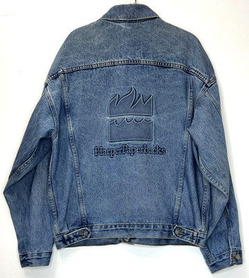 VTG Tyca Men's Medium Harper Paperbacks Denim Trucker Jean Jacket Embossed USA