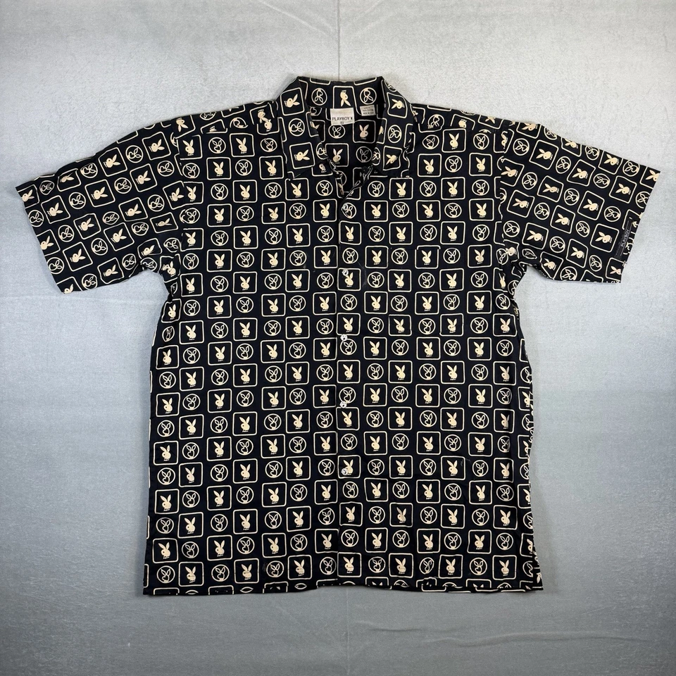 Vintage Playboy Shirt Mens XL Black Bunny Logo AOP Pearl Snap Camp Collar 90s - Image 2 of 4