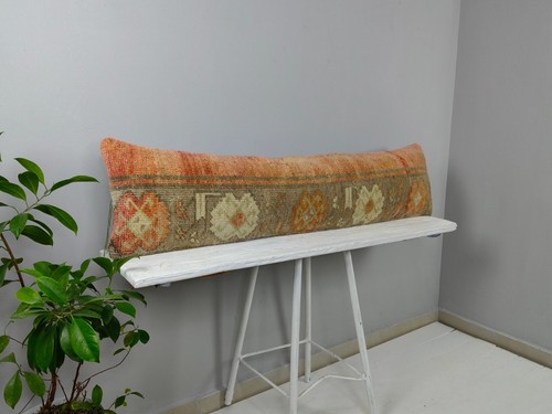 12x48 Kilim Lumbar Pillow - Long Turkish Bolster Cushion - Orange Brown Decor - Picture 6 of 10