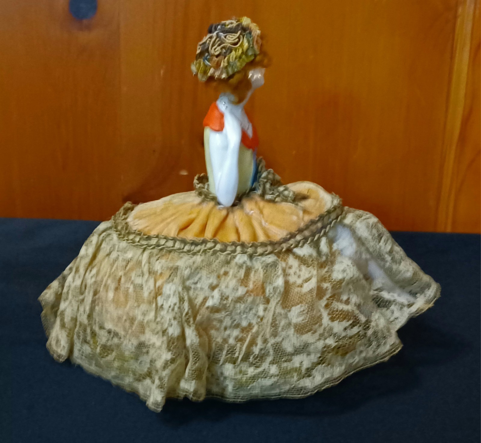 Antique Half Doll Porcelain Pin Cushion Hands/Legs/Hair/Brown Velvet Lace Dress 