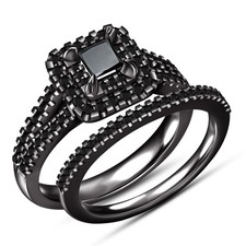 2CT Princess Cut Lab Created Diamond Bridal Wedding Ring Set 14K Black Gold Over