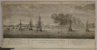 PAITA BURNING OF PAITA PERU 1748 ANSON UNUSUAL ANTIQUE COPPER ENGRAVED VIEW