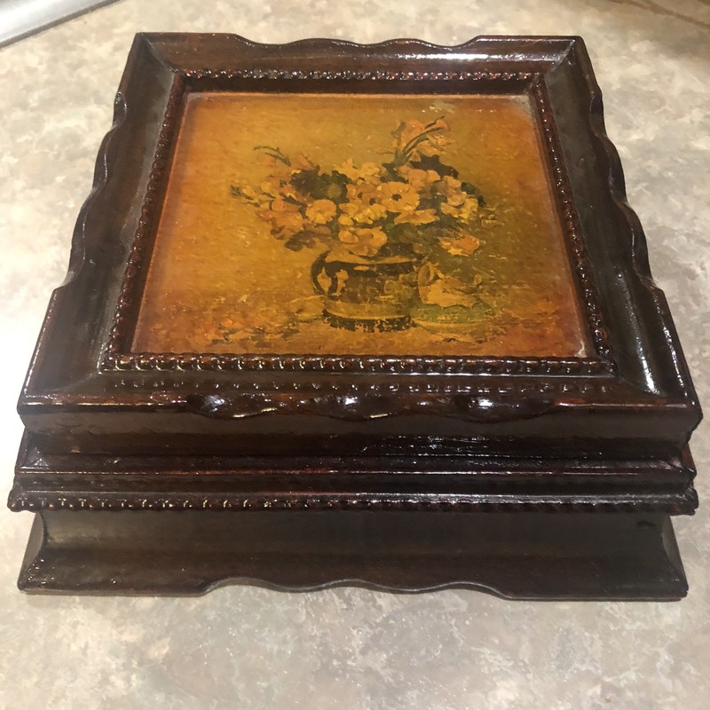 Vintage Wood Handmade Vanity Mirrored Jewelry Box with Beautiful Floral Pattern.