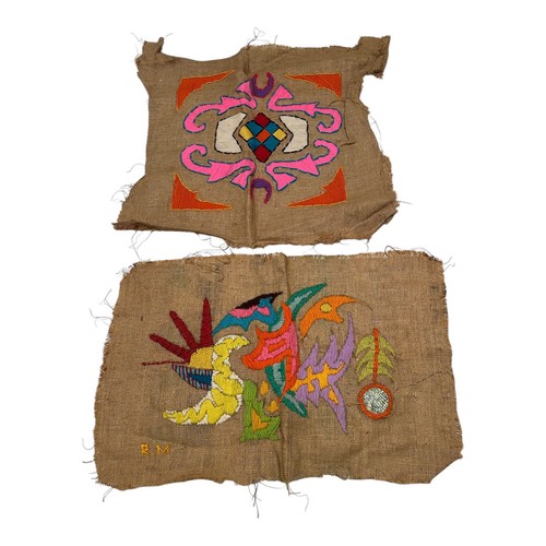 2-VTG Throw Pillow Burlap Fabric Pieces Embroidered Designs Handmade In Oaxaca