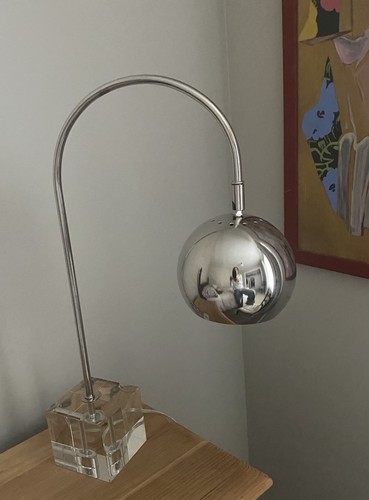 Vintage MCM Chrome Eyeball Arc Desk Lamp Heavy Crystal Square Base Modernist - Image 1