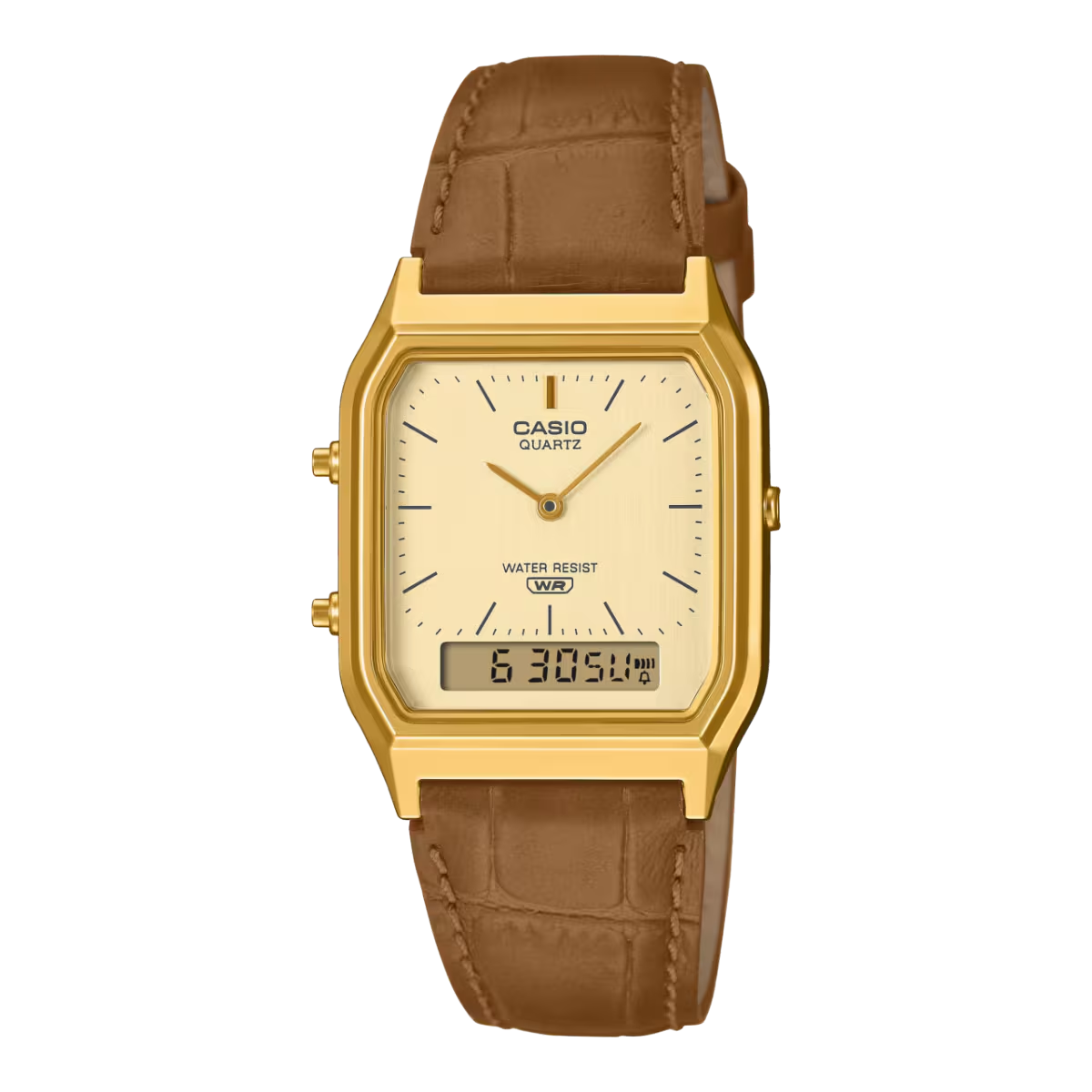 Casio Vintage AQ-230EGL-9A Elegant Gold Dial Dual Timepiece 30mm 