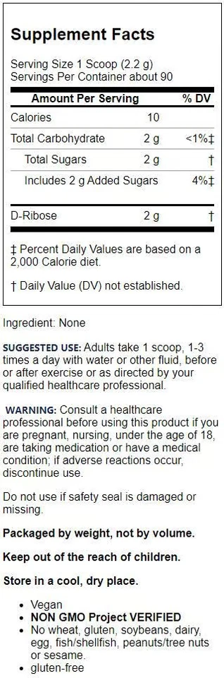 Jarrow Formulas, Inc. Vegano D-Ribosa 2 g 7,05 oz Pwdr Foto 2 de 2