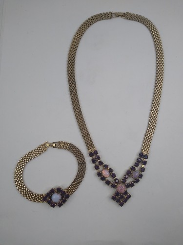Vintage Faux Amethyst Feueropal Mesh Halskette und Armband Set goldfarben - Bild 4 von 10