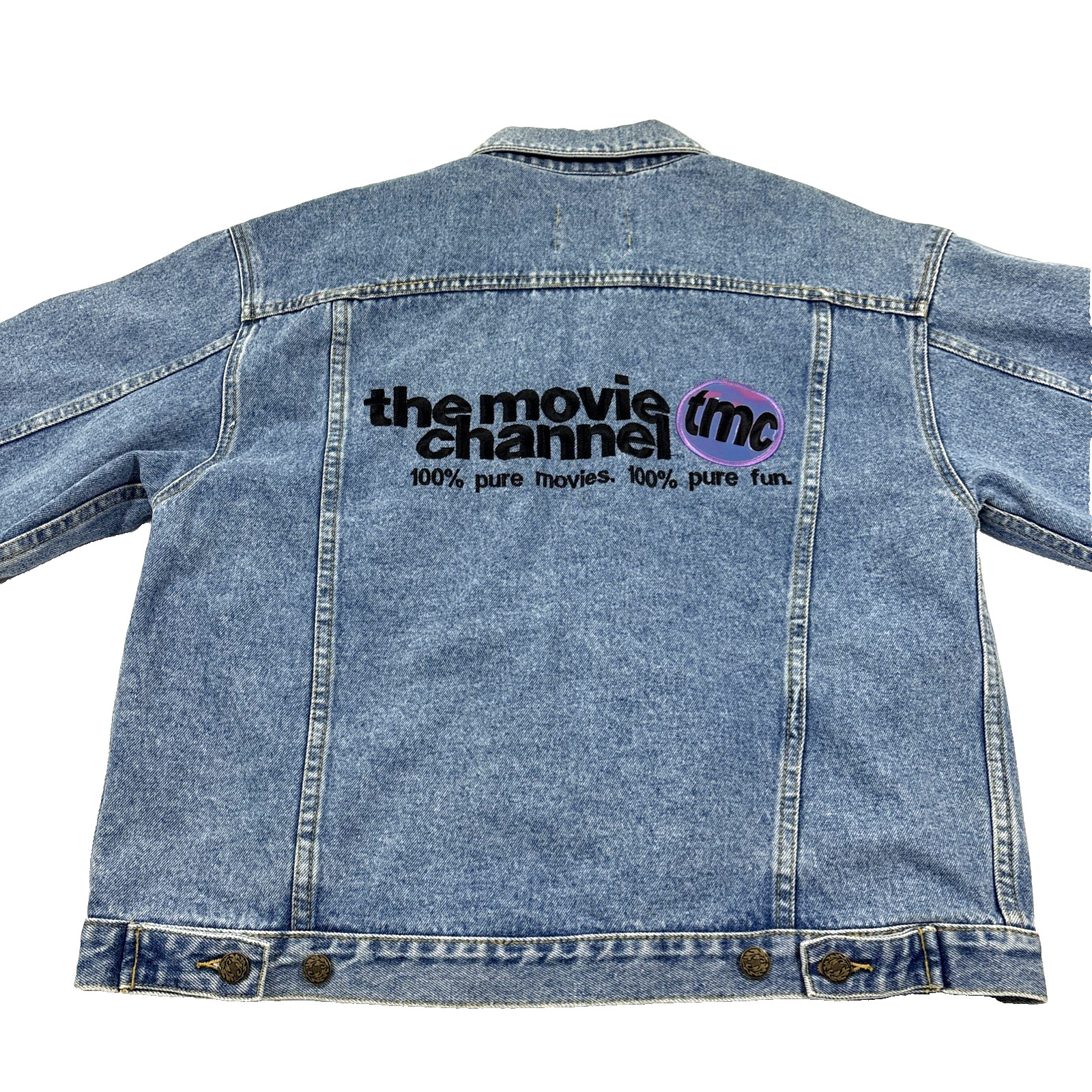 Vintage the movie channel denim jacket tmc embroidered promo trucker jacket euc