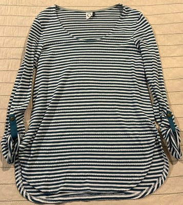Anthropologie Akemi Kin Top Women's Small White Striped Roll Sleeve Scoop