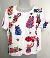Vtg Michael Simon 3D Cats Cardigan Sweater White Sz S Embroidered Beaded Whimsy