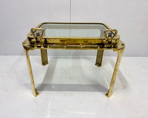 Retro Style Brass Metal Square Ship Porthole Hatches Occasional Coffee Table