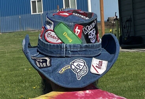 Cowboy Hat size 7 1/2 or XL handmade upcycled blue jeans patches rockabilly - Picture 4 of 17
