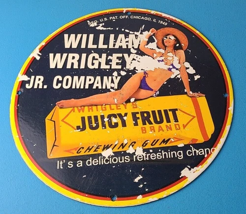 Vintage Wrigley Gum Sign - Porcelain Juicy Fruit Man Cave Pump Sign