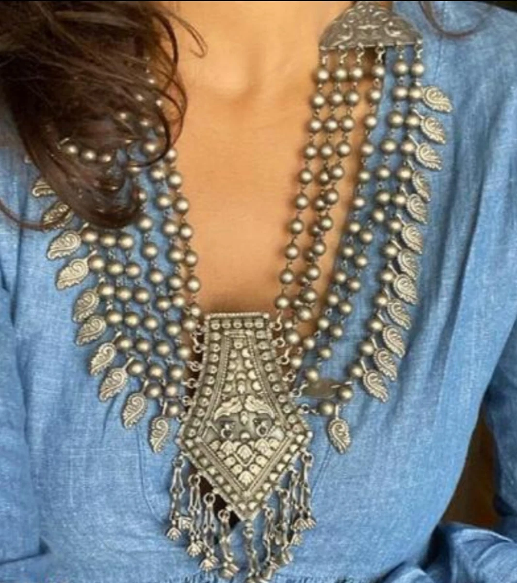 Indian Style Long Necklace With Pendant Ethnic Oxidized Jewelry