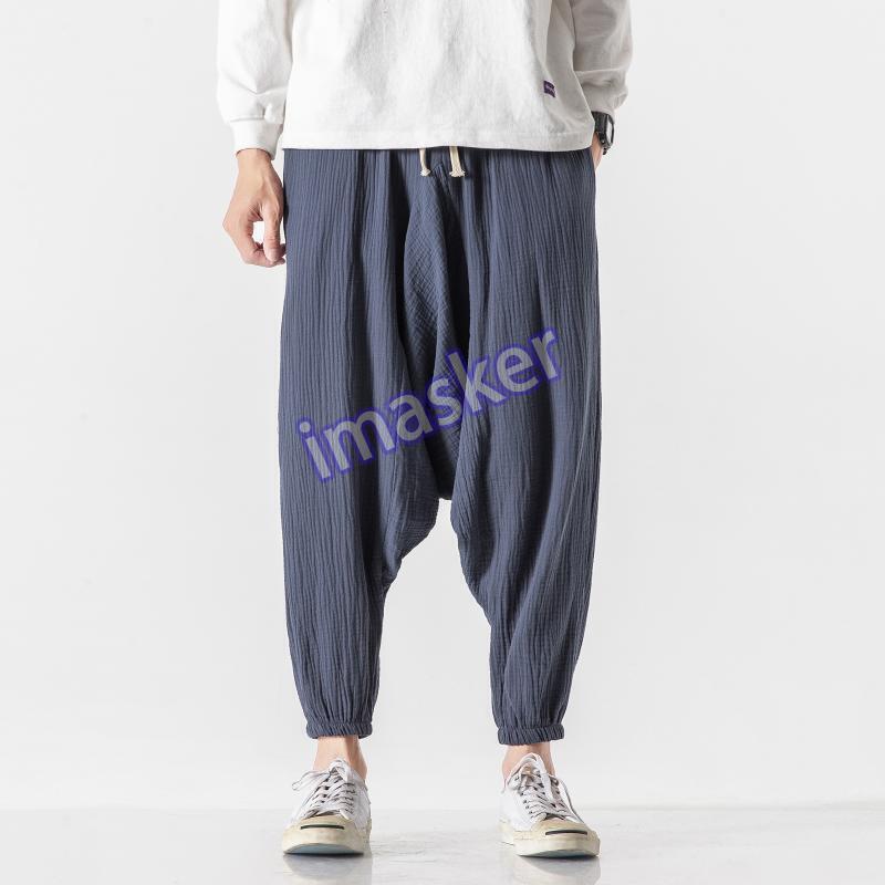 Mens Casual Chinese Style Drawstring Drop Crotch Cotton Linen Baggy Loose Pants