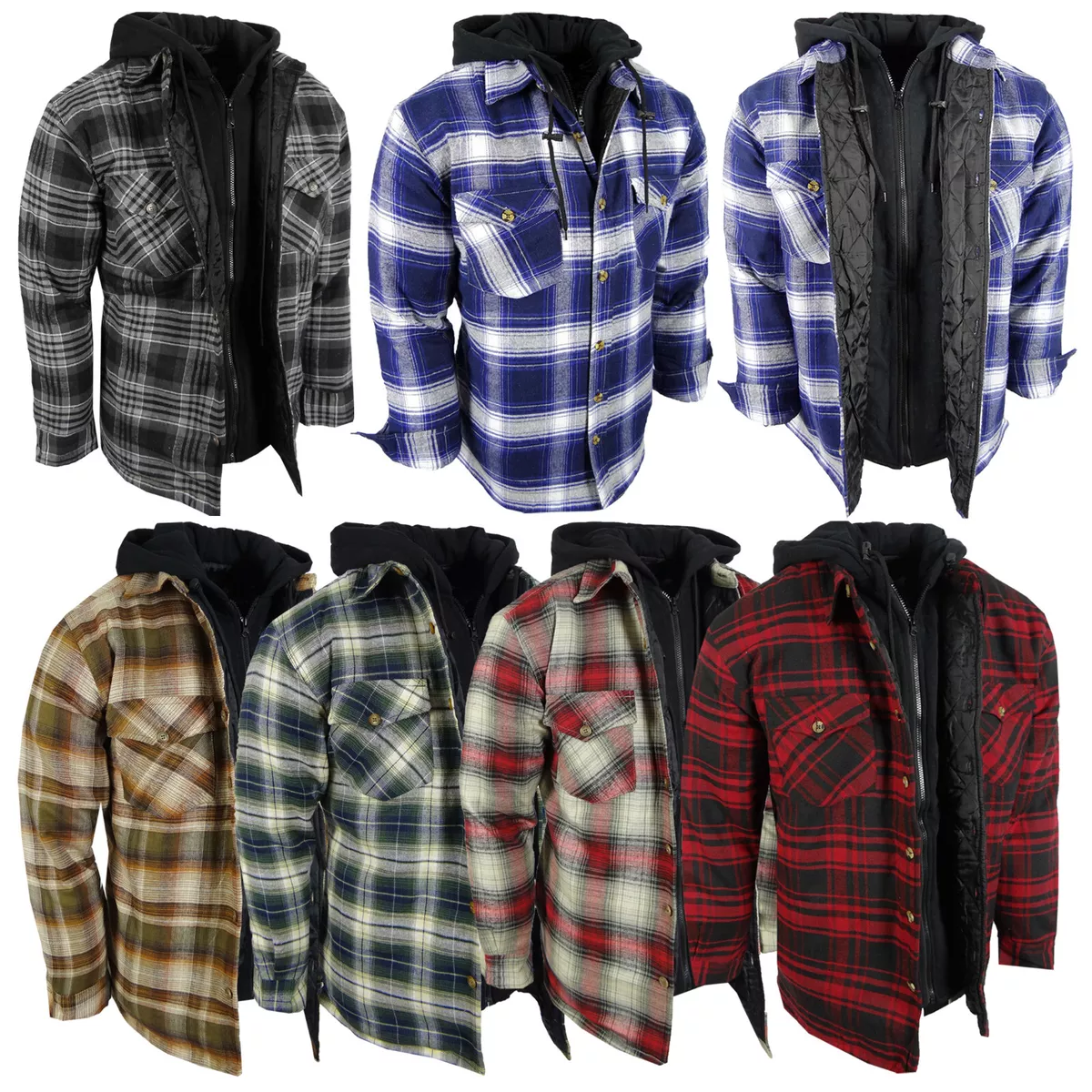 Plaid Flannel Hoodie Jacket Men Full Quilted Shirt Zip-Up Warmer 4 Pocket  Button