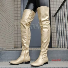 Women Thigh High Boots Low Square Heels Zip Up Faux Leather Over The Knee Boots