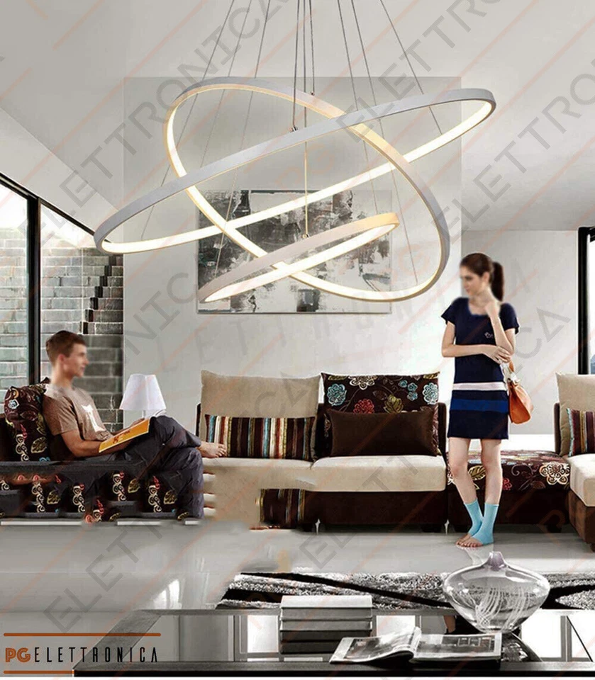 LAMPADARIO A SOSPENSIONE BIANCO DA SOFFITTO ANELLI SOSPESI LED MODERNO LUCE 48W - Immagine 4 di 4