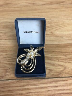 Vintage Elizabeth Duke Gold Tone Floral Brooch Faux Pearl