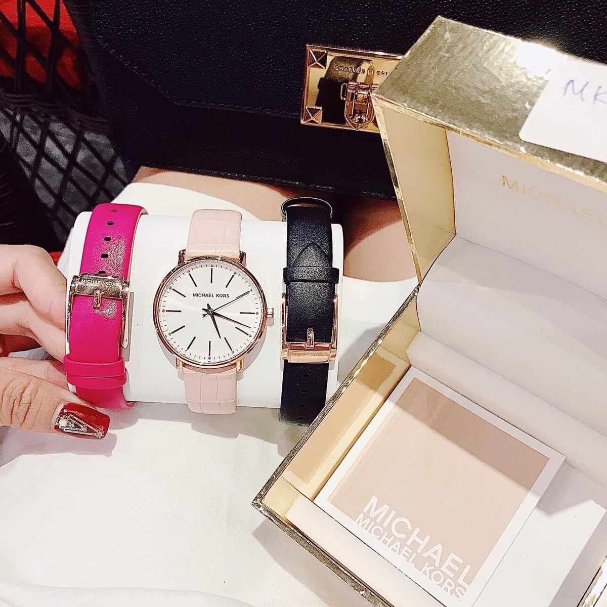 New Michael Kors Pyper Pink Leather Strap Watch Gift Set - MK2775