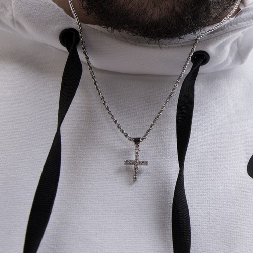 Mini Micro White Gold Iced Cz Cross Pendant And Hip Hop Rope Chain Necklace - Picture 4 of 4