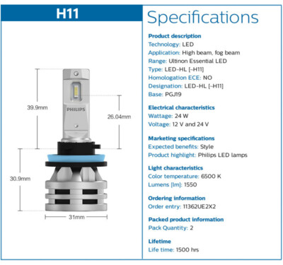 Philips Ultinon Essential G2 LED H11 6500K White Car Head Light