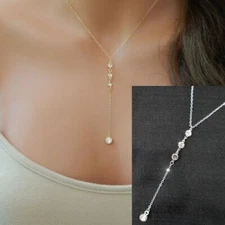 Dainty Rhinestone Necklace Y Lariat 4 Drop Delicate Gold Silver Simple Slider