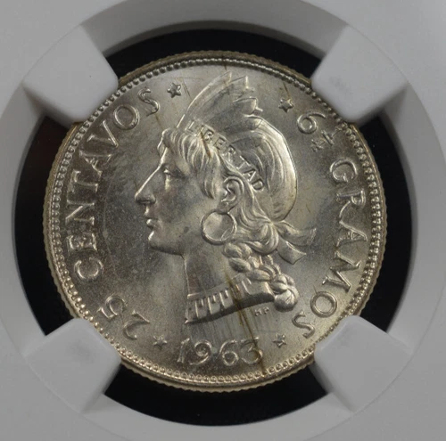 DOMINICAN REPUBLIC 1963 25 Centevos NGC 65 - GEM - Silver
