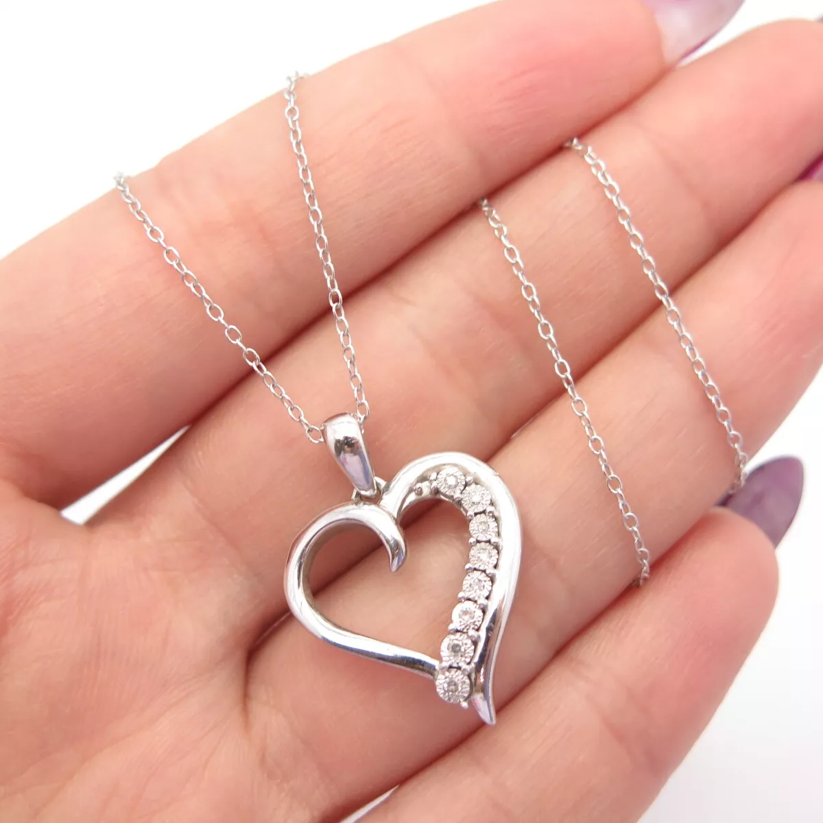 925 Sterling Silver ZEI Real White Diamond Open Heart Rolo Chain