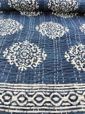 Blue Indigo Kantha Quilt Bedspread Throw Cotton Blanket Bedcover Block Art King