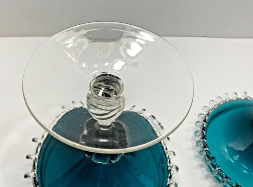Vintage Murano Italian Art Glass Lidded Peacock Blue Candy Compote -Rigaree Edge - Picture 5 of 12