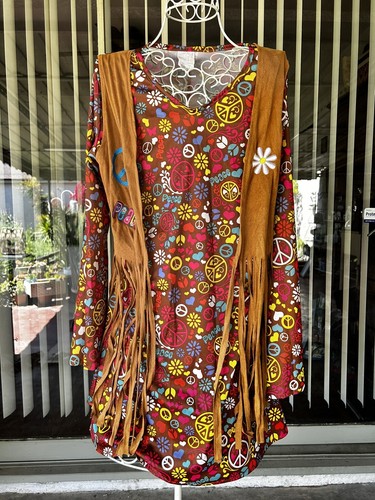 Peace Love Hippie flower Power Adult Costume Fringed Vest Polyester M/L daisies - Picture 14 of 15
