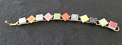 Vintage Goldtone Ceramic Multicolor Glazed Tile Panel Bracelet 7 inches