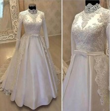 Satin Muslim Wedding Dresses High Neck Long Sleeves Appliques A Line Bridal Gown