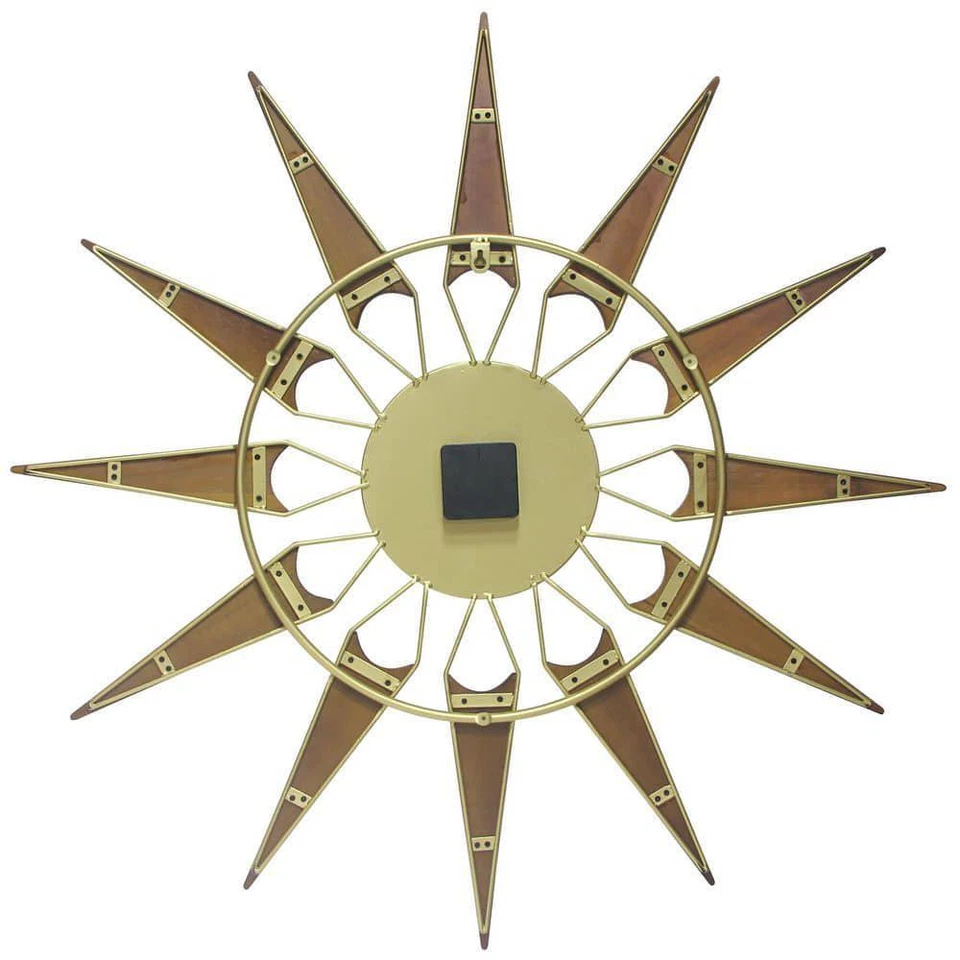 Wall Clock Starburst Wooden Rays Gold Metal Frame Open Face Midcentury Modern - Image 4 of 4