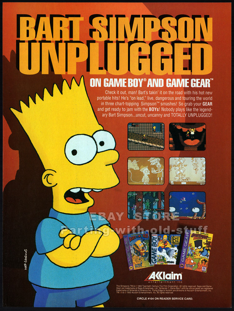 BART SIMPSON UNPLUGGED__Original 1993 print AD_Acclaim game promo